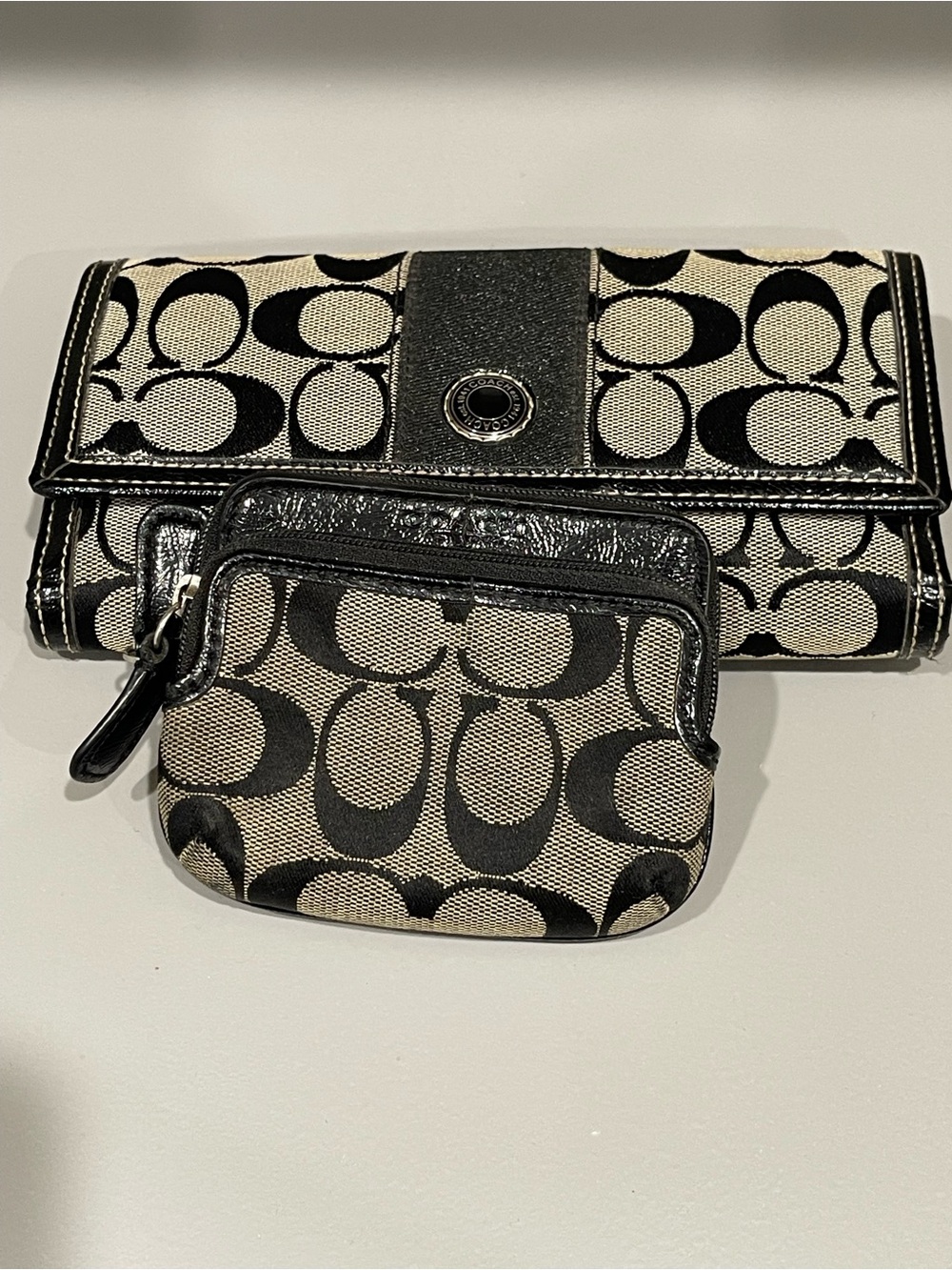 Coach Black and Beige Signature Canvas Wallet with Coin Pouch